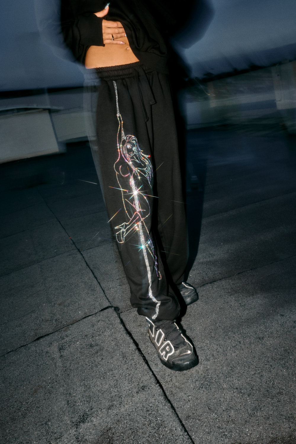 Anime Pole Dancer Sweatpants - Ep 2 Black/Rainbow Rhinestone