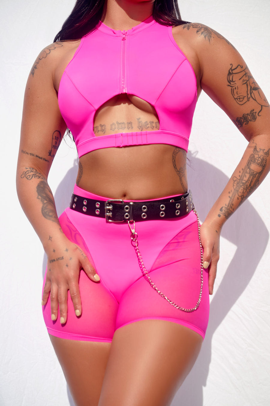 pink cut out zip top mesh set festival co ord two piece