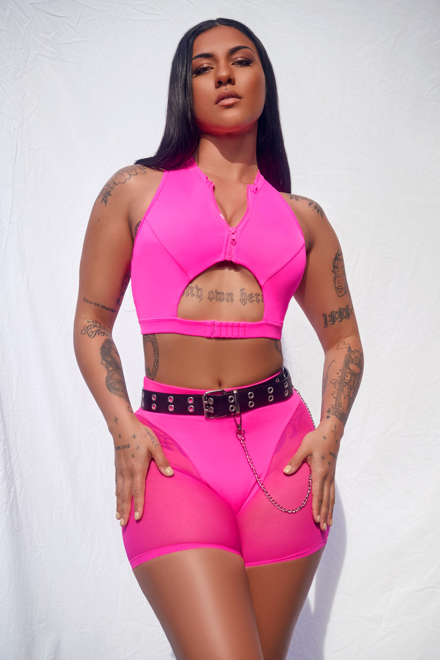 pink cut out zip top mesh set festival co ord two piece