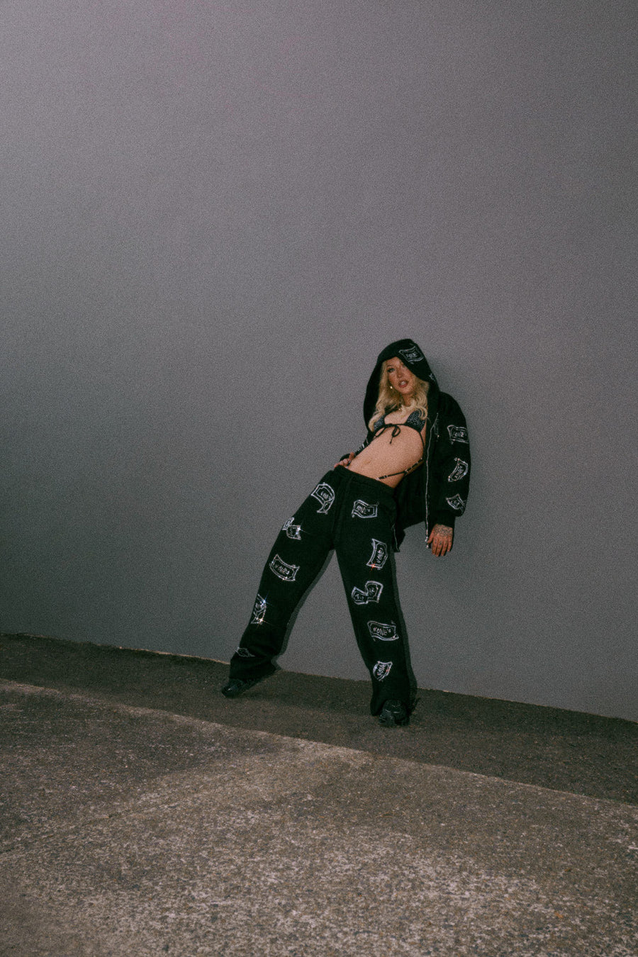 WIDE LEG Sweatpants - G'ONE$ - Black/Silver Rhinestones