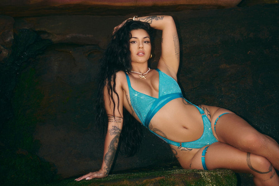 Aphrodite Bodysuit - Teal Iridescent Rhinestone Drip - Limited Edition