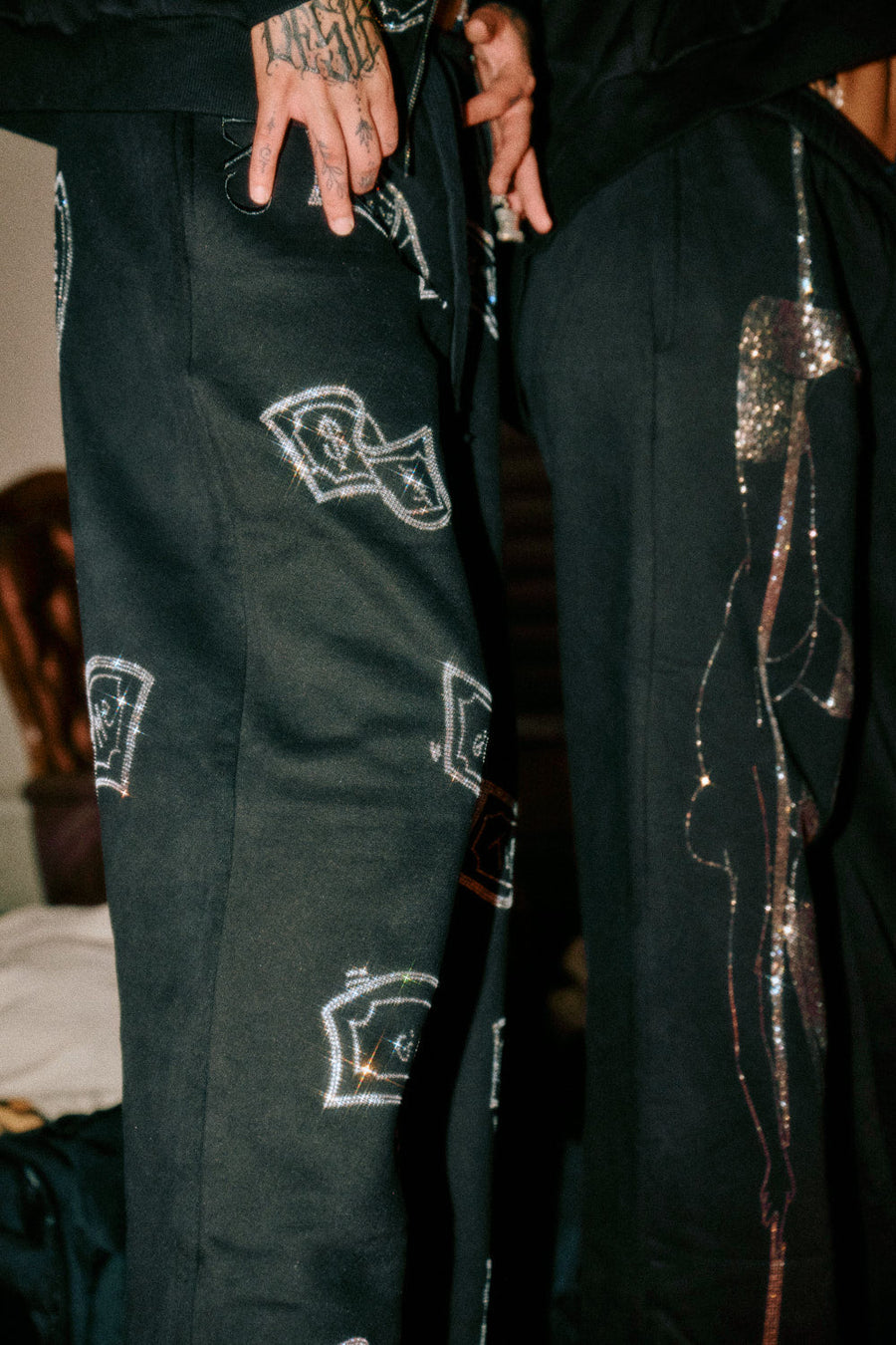 WIDE LEG Sweatpants - G'ONE$ - Black/Silver Rhinestones