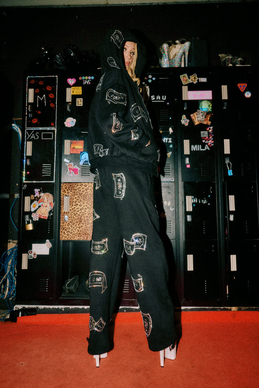 ZIP UP Hoodie - G'ONE$ - Black/Silver Rhinestones