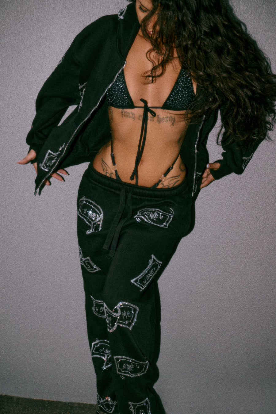 ZIP UP Hoodie - G'ONE$ - Black/Silver Rhinestones