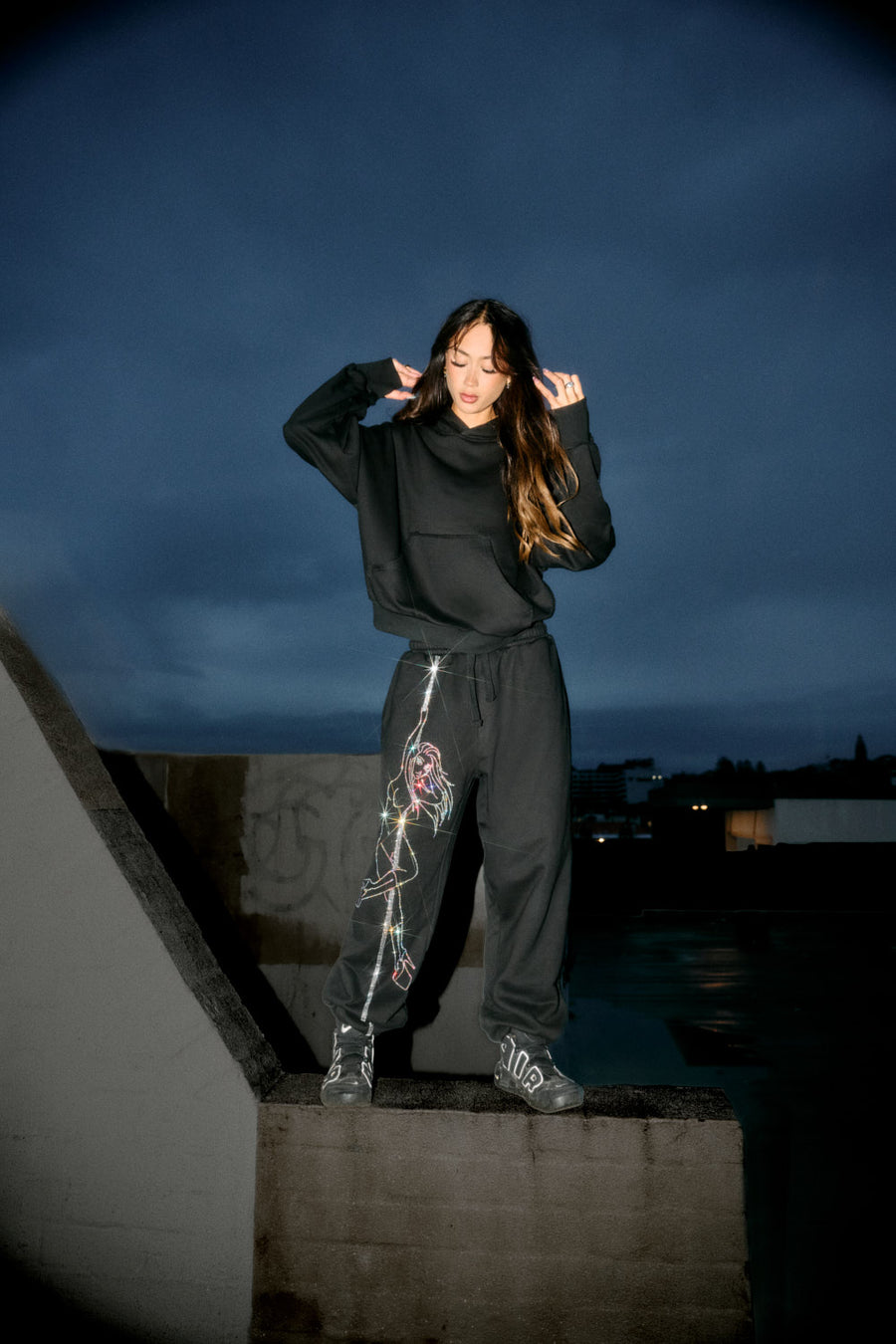 Anime Pole Dancer Sweatpants - Ep 2 Black/Rainbow Rhinestone Limited Ed.