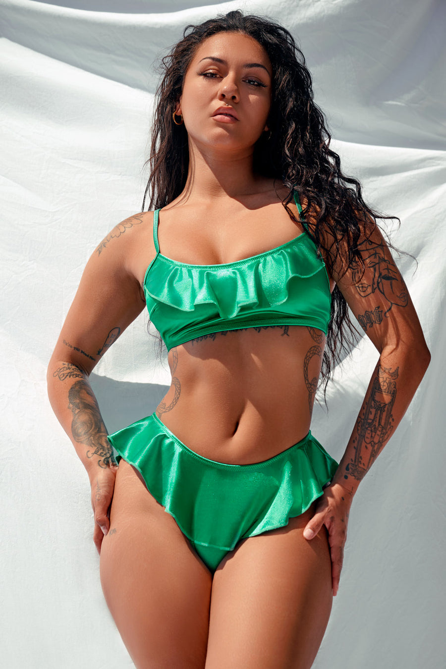 Aura Ruffle Top - Emerald Satin