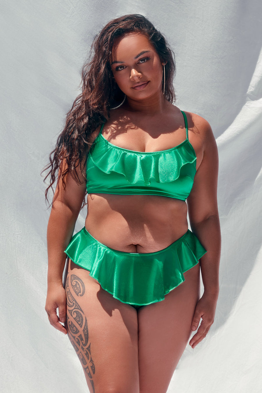 Aura Ruffle Top - Emerald Satin