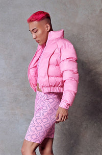 Pink latex puffer jacket best sale