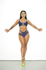 Classique navy sports bra with mesh overlay details full body shot