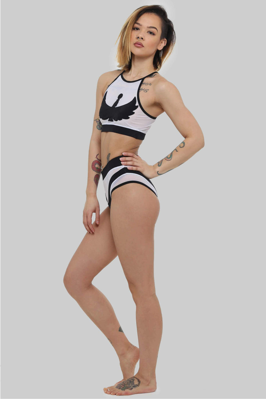 Goddess High Waisted Bottoms - Black with White mesh Shorts