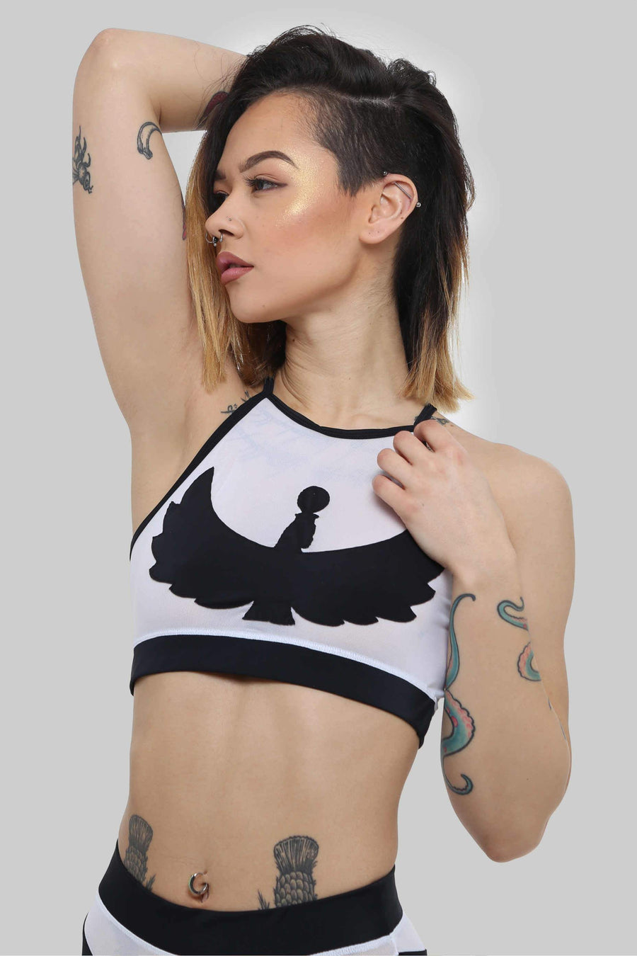 I S I S Goddess Halter Top - Black with White Mesh Top