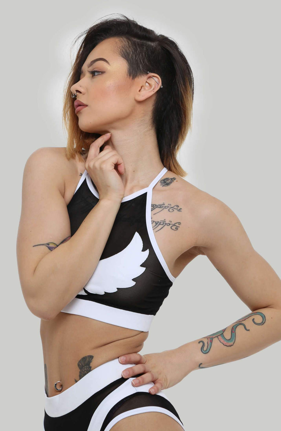 I S I S Goddess Halter Top - White with Black Mesh Top